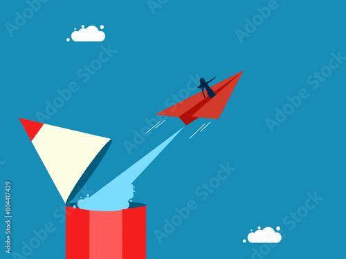 Leader develops. Businesswoman flies in paper airplane out of pencil