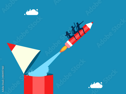 Creative and development team. Team of businessmen flying with pencil rockets
