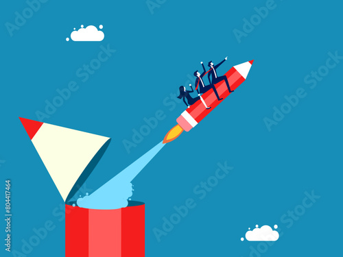 Creative team. Team of business people flying with pencil rockets