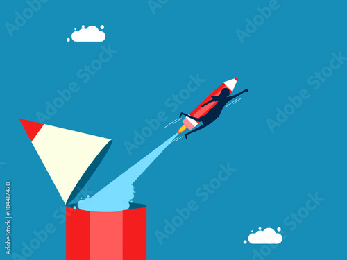 Creation and development. Businesswoman flying with pencil rocket