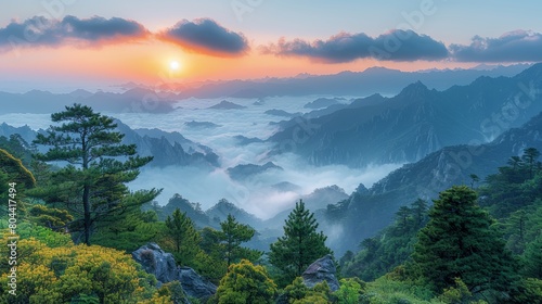Stunning Sunrise Over the Misty Huangshan Yellow Mountains in China
