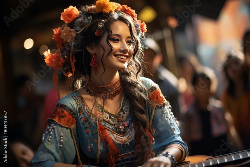 A beautiful Romani woman with long, dark, curly hair and a warm smile is playing the guitar and singing. She is wearing a colorful traditional dress and has flowers in her hair.