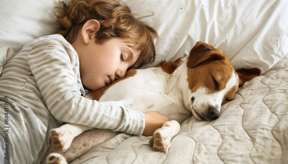 Kids sleeping with dog animal in bed
