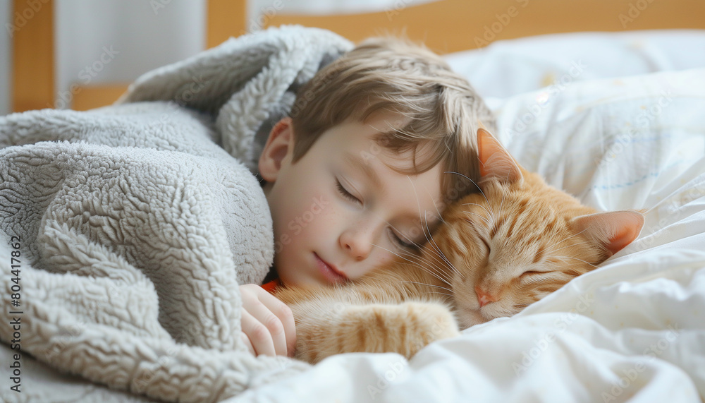 Kids sleeping with cat animal in bed Kids sleeping with cat animal in bed