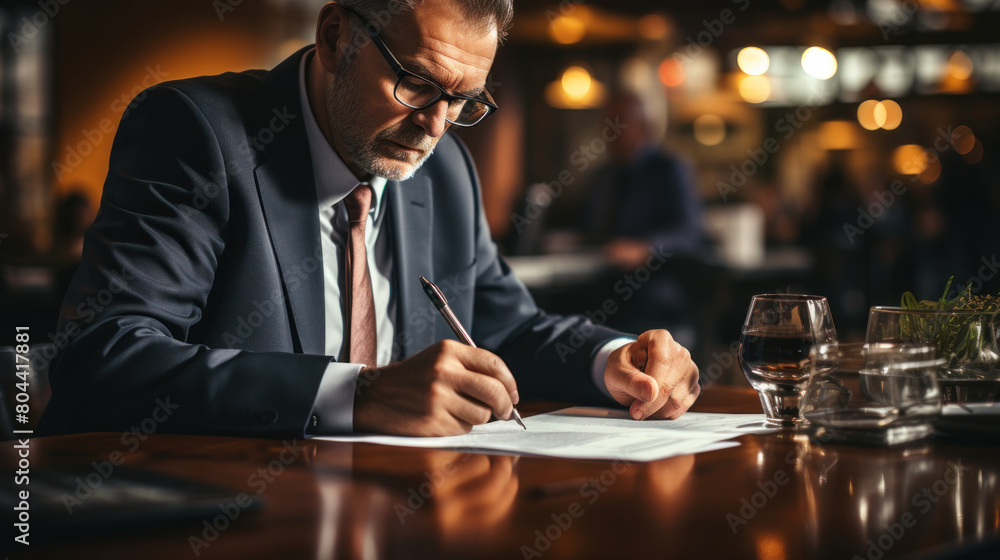Mature Businessman Reviewing Documents at a Restaurant Table, Focused and Professional
