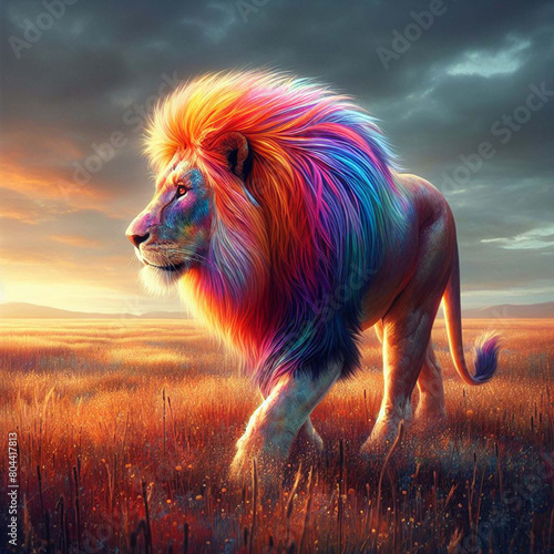 A lion with a colorful mane and a glowing mane art station trend special effects