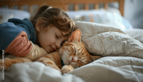 Kids sleeping with cat animal in bed