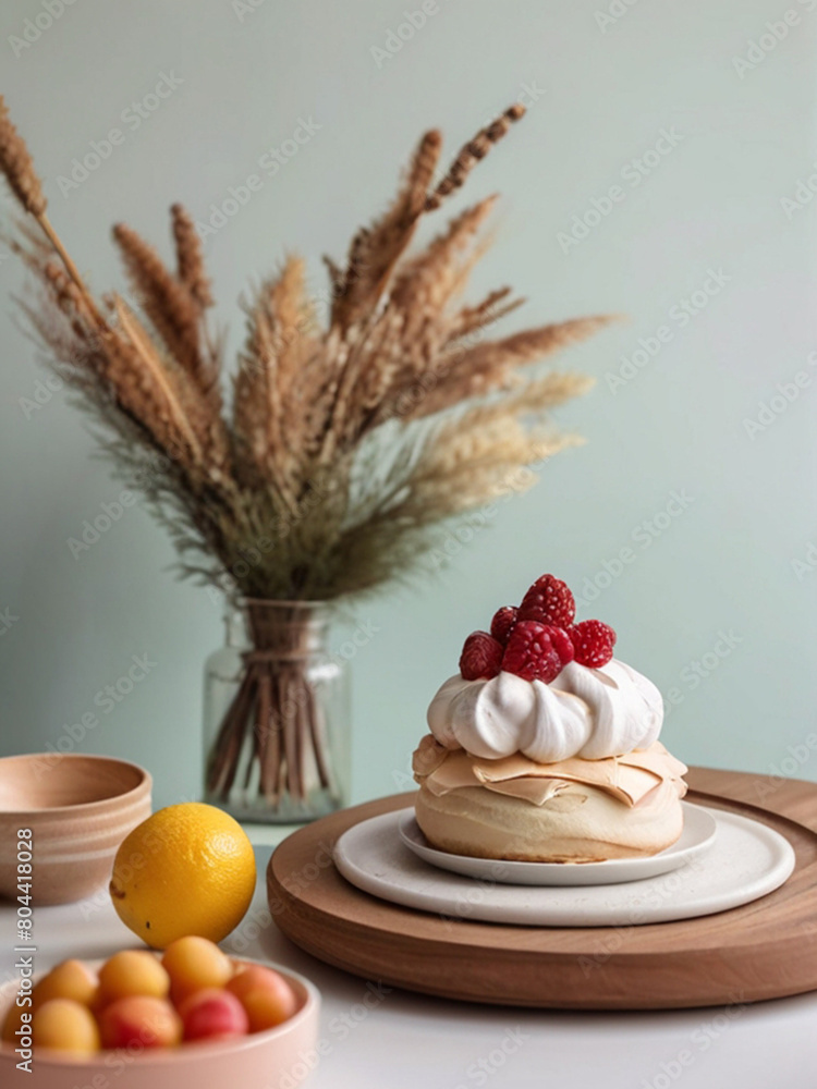 Beautiful Pavlova cake - a meringue-based fruity dessert, served on the table