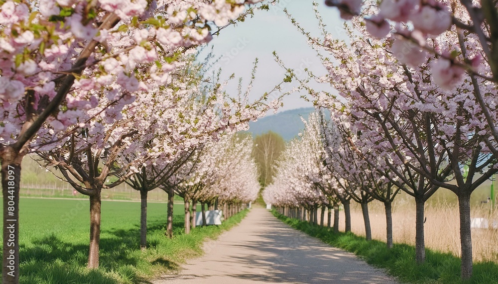 Fototapeta premium Cherry Blossom Wonderland: Walking Through a Spectacular Springtime Scene. Generative AI