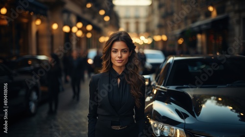 Elegant Young Woman with Luxury Car on Busy City Street at Dusk
