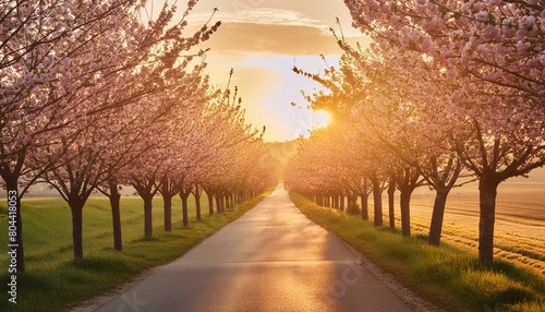 Spring's Splendor: A Magnificent Cherry Blossom Avenue in Full Bloom. Generative AI
