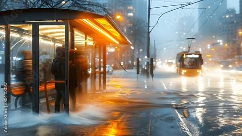 People at busy bus stop seeking shelter during city flood chaos. Concept Emergency Preparedness, Public Transportation, Urban Flooding, City Resilience, Community Response photo