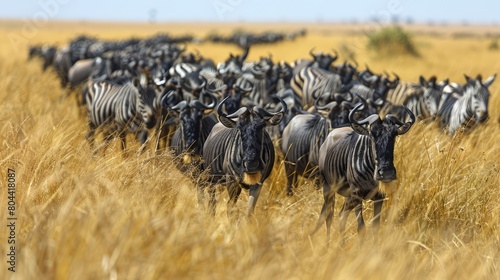 Confusion of Blue wildebeest (Connochaetes taurinus) standing under acacia with a herd of Plains zebra (Equus quagga) close by, Serengeti National Park; Tanzania Genrative AI