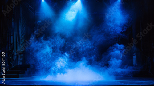 A stage enveloped in rich sapphire blue smoke illuminated by a soft amber spotlight  casting a cool  regal effect.