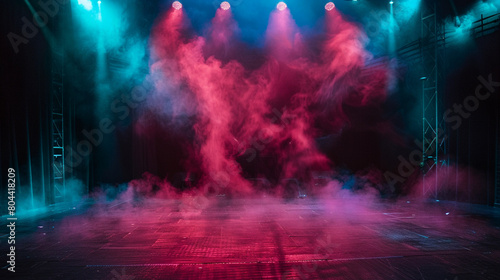 A stage enveloped in rich crimson smoke illuminated by a teal blue spotlight  casting a dramatic  intense mood.