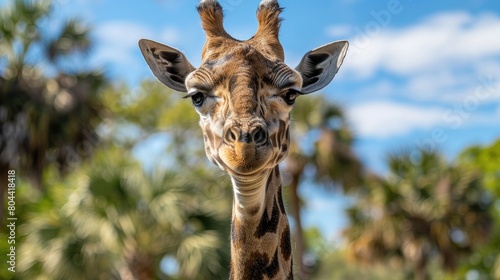 Close-up of a giraffe in front of some green trees, looking at the camera as if to say you see me AI generated