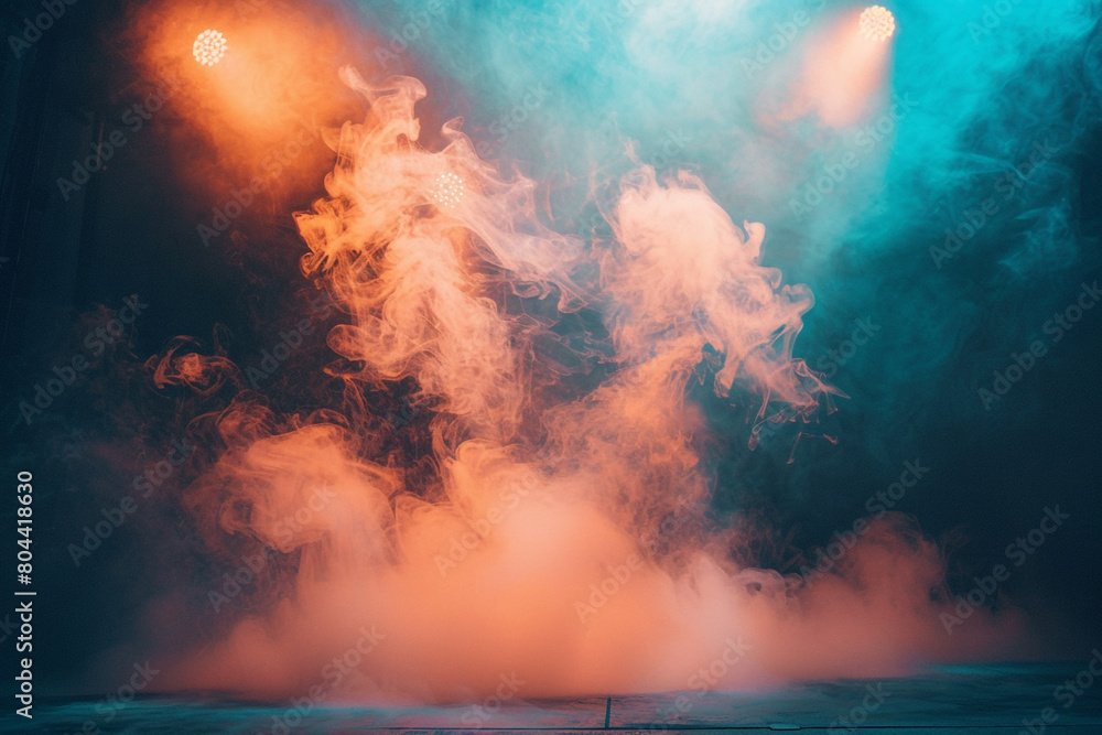 A stage filled with peach-colored smoke abstract background under a sky blue spotlight, set against a dark, muted background.