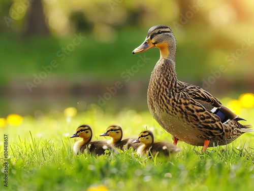 Mother duck on a walk with her three ducklings. Sunny day in nature. Aesthetic photo, close-up