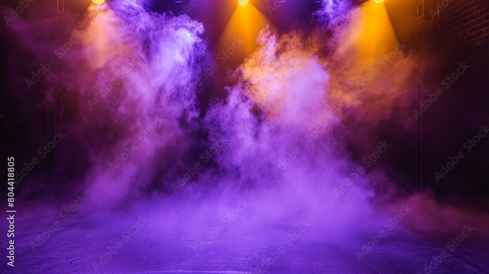 A stage shrouded in electric violet smoke under a golden yellow spotlight, offering a bold, vibrant feel.