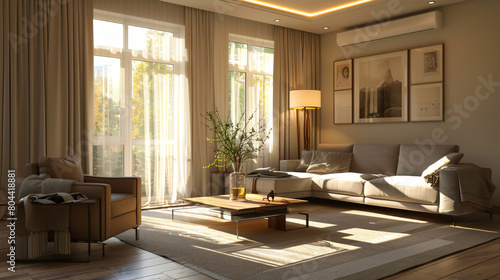 Interior of light living room with sofa coffee table a