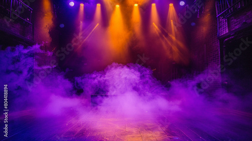 A stage shrouded in electric violet smoke under a golden yellow spotlight  offering a bold  vibrant feel.
