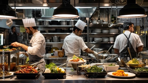 Fototapeta Naklejka Na Ścianę i Meble -  Commercial kitchen with chefs cooking, professional job