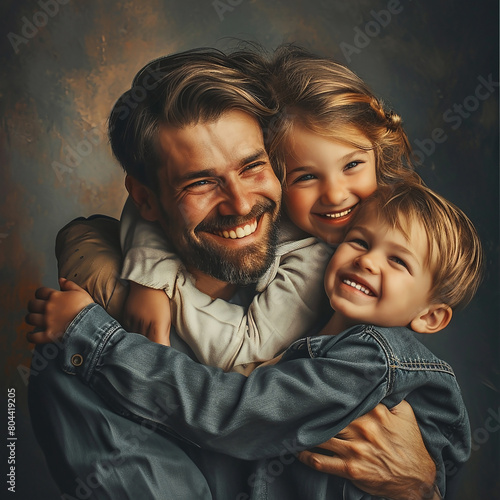 A happy young father and two small cheerful children together