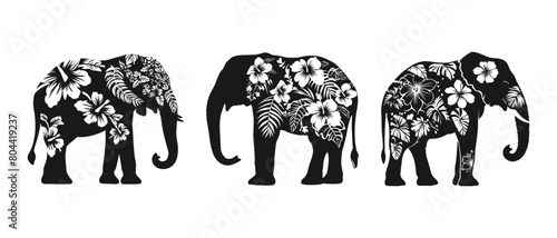 set Vector elephant with elements in thailand style. illustration design thai animal logo with hibiscus flowers	
