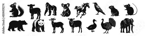Set of black silhouette wild forest and domestic animals. Vector illustration isolated on white. Collection animals
