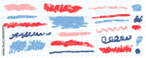 Childish Crayon brush stroke color underlines set. Chalk pen highlight stroke collection. Rough hand drawn brush underline elements for accent, emphasis element. Color kid chalk vector illustration