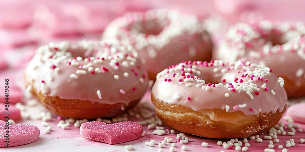 Delicious Heart Shaped Doughnuts with Pink and White Sprinkles. Delicious Heart Shaped Doughnuts with Pink and White Sprinkles.