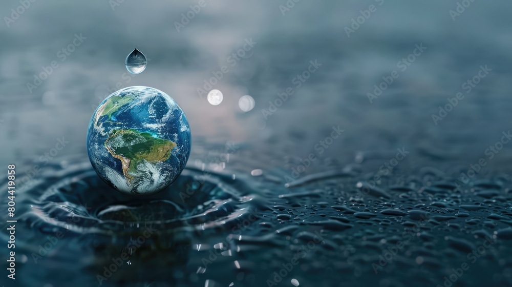 Earth globe inside a water drop falling in slow motion. Perfect for ecological concepts