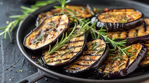 A platter of grilled eggplant seasoned with rosemary, ready to be served.