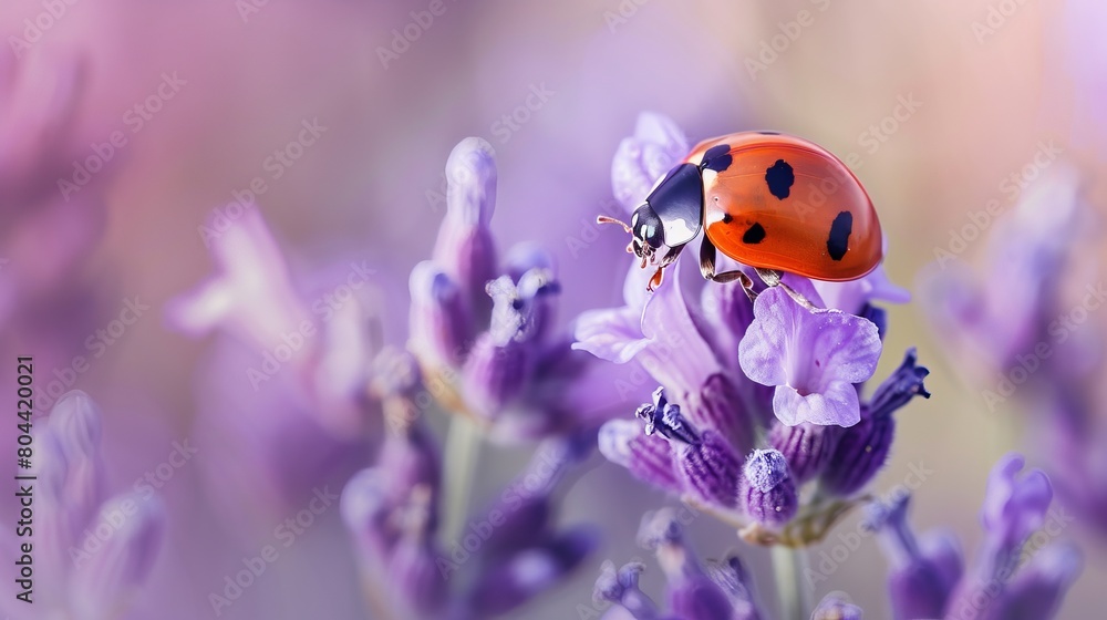 A macro photograph featuring a seven-spot ladybug (Coccinella septempunctata) resting on a lavender flower. A macro photograph featuring a seven-spot ladybug (Coccinella septempunctata) resting on a lavender flower.
