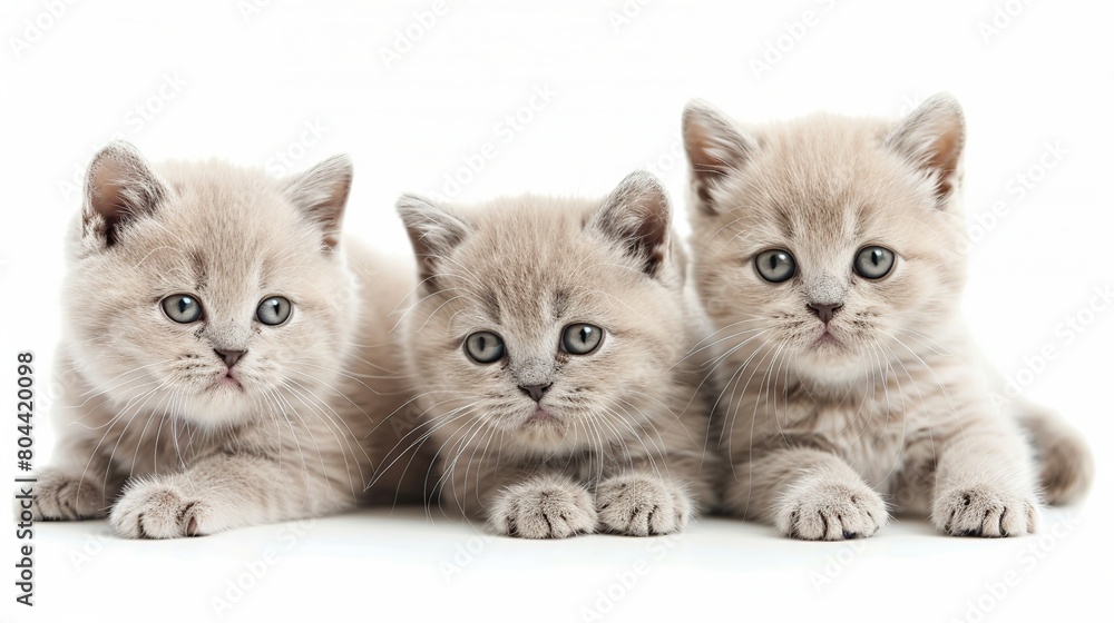 Lilac British kittens photographed against a white background.