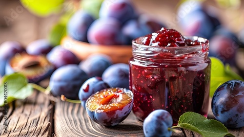 A jar of homemade plum jam accompanied by freshly picked plums arranged on a wooden table.
 photo