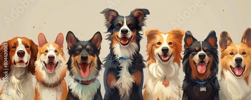 Group portrait of dogs of various shapes, sizes, and breeds. Stray pets with happy expression waiting for adoption. photo