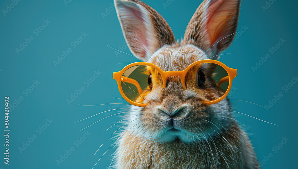 A cute brown rabbit wearing yellow sunglasses in a closeup portrait against a blue background. Created with Ai