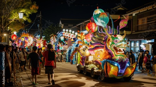 A brightly illuminated parade float makes its way down a street filled with spectators at night.