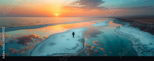 Aerial view of a person along the Elton Lake at sunset, a large salt lake with minerals in Vengelovskoe, Volgograd Oblast, Russia. photo
