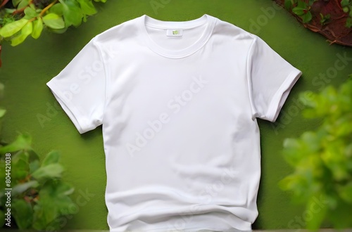 White T shirt mockup cotton apparel, isolated with green leaves flower on background. Design plain Tshirt template, T-shirt business print presentation mock up Top view flat tee lay. 