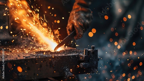 Person welding metal with sparks flying photo