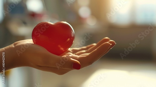 Hand holding red heart symbol  indicating love or healthcare  with sunlit background