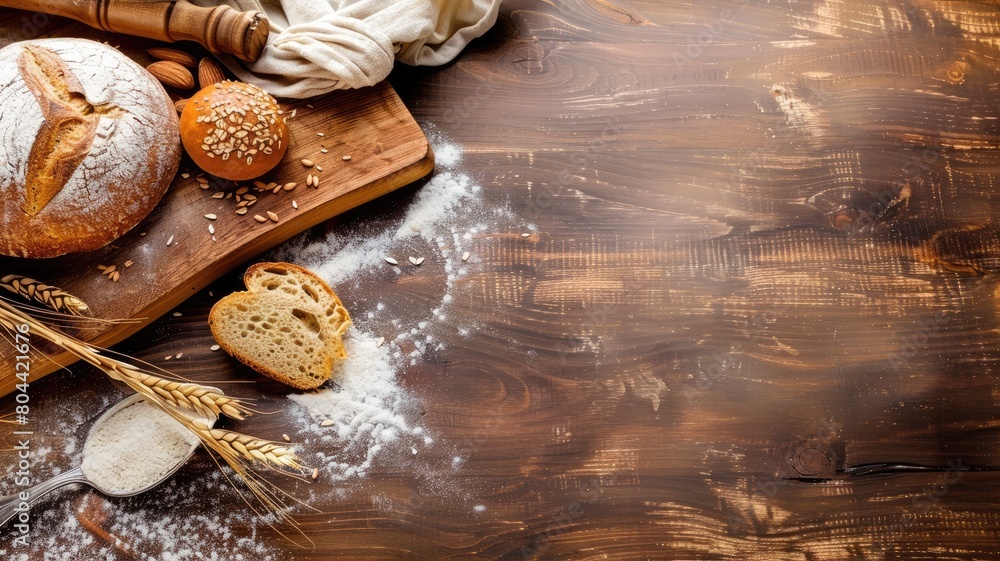 Artisan bread and wheat ears on wooden table dusted with flour Artisan bread and wheat ears on wooden table dusted with flour