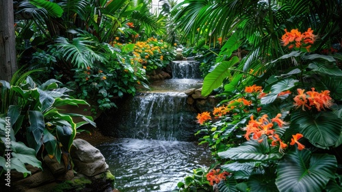 Lush garden with small waterfall flanked by vibrant orange flowers and diverse greenery
