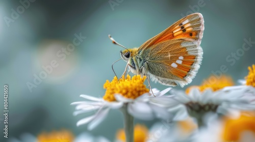 Essex skipper butterfly perched on a daisy