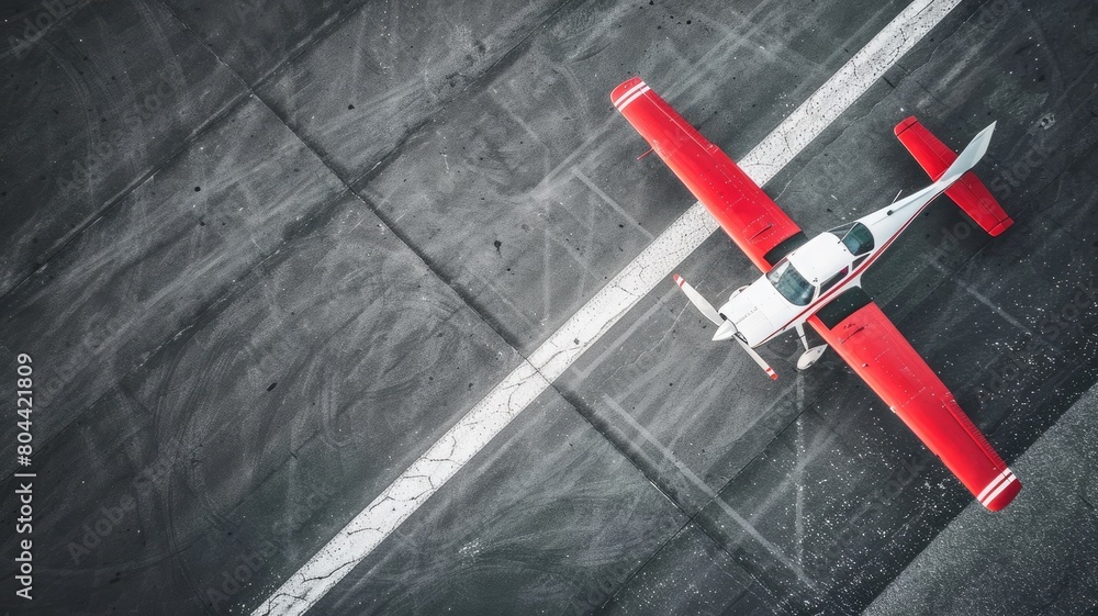Aerial view of red single-engine airplane on gray tarmac Aerial view of red single-engine airplane on gray tarmac