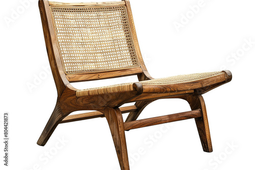 Chair natural wood single seat with rattan material, comfortable for interior/exterior furniture, isolated on white background photo