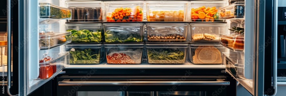 Lunch boxes neatly placed in containers inside the refrigerator Lunch boxes neatly placed in containers inside the refrigerator