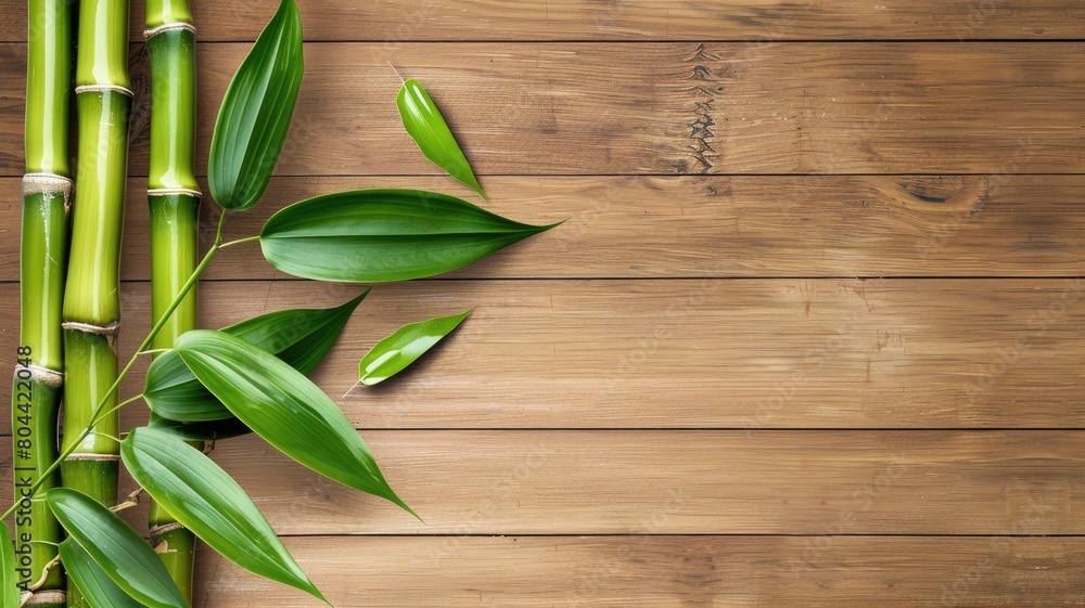 Obraz premium Bamboo stalks and leaves on wooden background